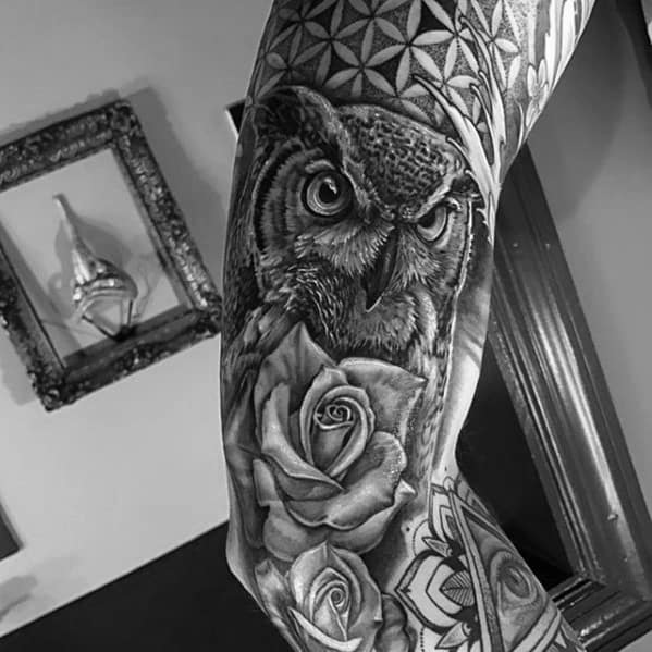 flower-of-life-with-rose-flower-and-owl-mens-sleeve-tattoos