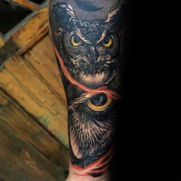 forearm-sleeve-tattoo-for-men-with-3d-owl-eye-design