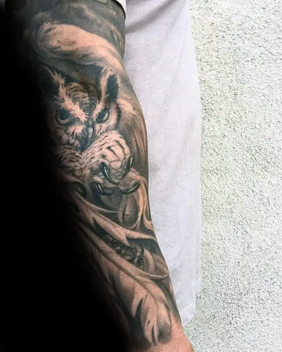 gentleman-with-cool-shaded-black-and-grey-owl-tattoo-sleeve