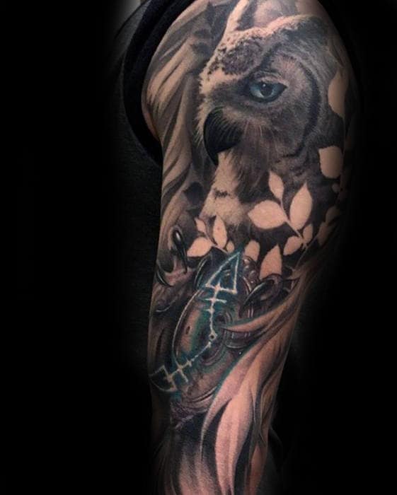 guys-shaded-owl-with-blue-eyes-sleeve-tattoo-designs