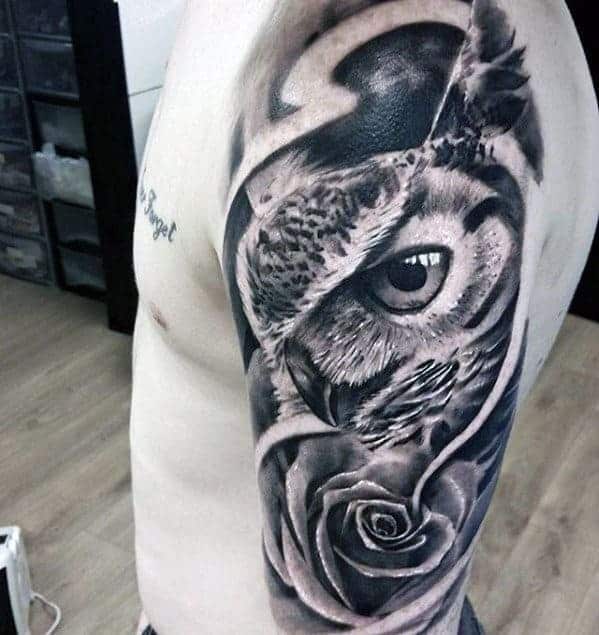 half-sleeve-3d-realistic-owl-with-rose-flower-male-tattoos