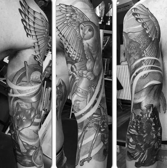 incredible-sleeve-barn-owl-guys-black-and-grey-tattoo-designs