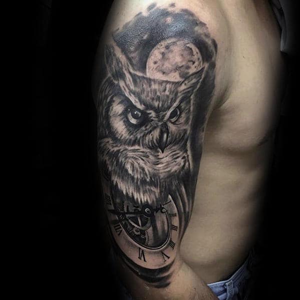 manly-owl-moon-with-pockt-watch-half-sleeve-shaded-tattoos