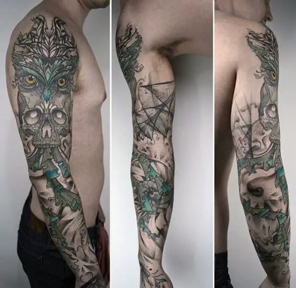 mens-abstract-decorative-owl-skull-full-arm-sleeve-tattoos