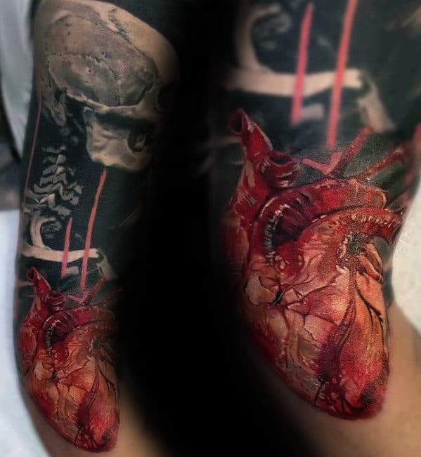 mens-arm-sleeve-anatomical-heart-realistic-tattoo-ideas