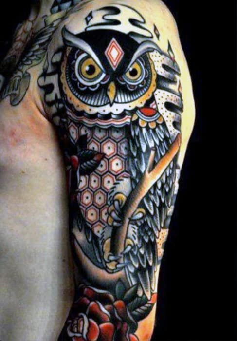 old-school-owl-and-rose-flower-male-half-sleeve-tattoo-inspiration